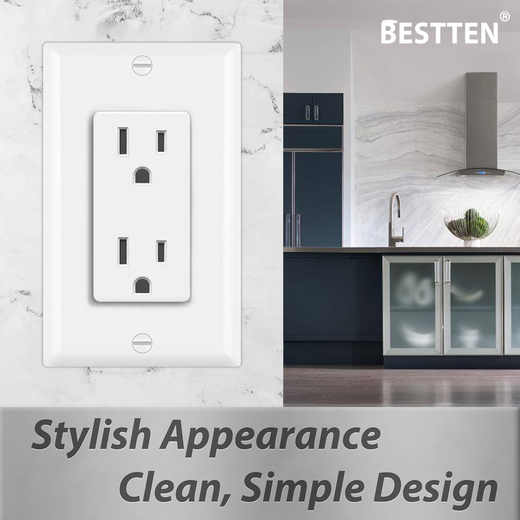 [10 Pack] BESTTEN 15 Amp Decor Receptacle Outlet for Residential and Commerical Use, 15A/125V/1875W, Standard Electrical Wall Outlet, Decorative Wallplates Included, cUL Listed, White