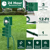 BESTTEN 12ft Cord 3-Outlet Outdoor Power Stake with 24-Hour Timer, Weatherproof Power Strip with Long Extension Cord, cETL Listed, Green