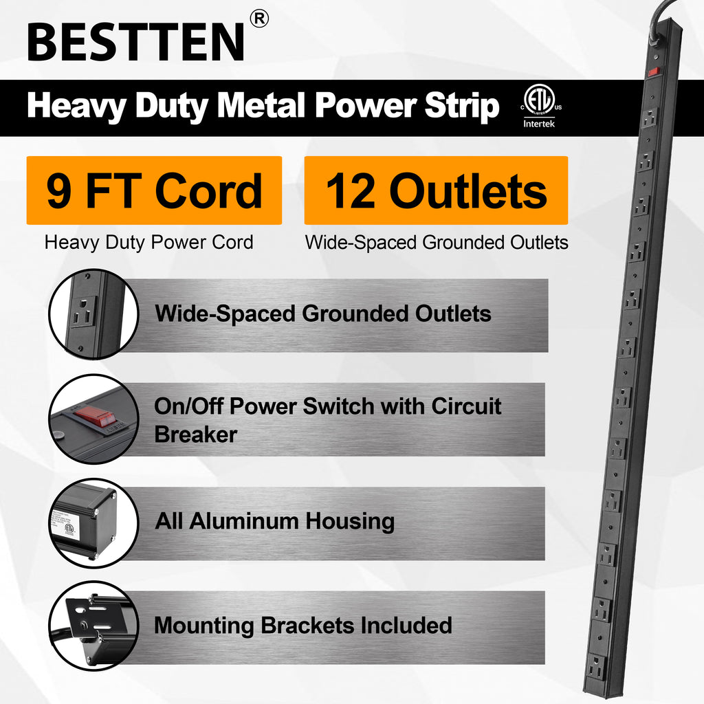 BESTTEN Wide-Spaced 12-Outlet Metal Power Strip Surge Protector, 9-Foot Ultra Long Extension Cord, 15A/125V/1875W, 600 Joules, cETL Listed, Black