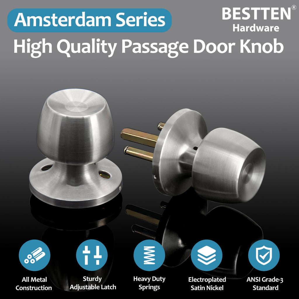 [5 Pack] BESTTEN Passage Door Knob with Removable Latch Plate, Non Locking Interior Round Door Handle for Indoor/Hallway, Amsterdam Series, Satin Nickel