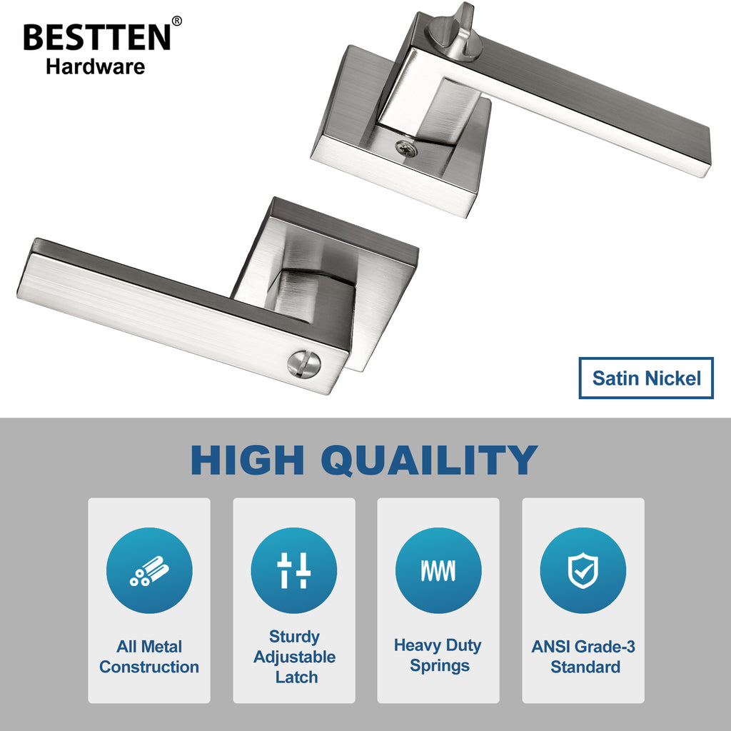 [5 Pack] BESTTEN Heavy Duty Square Privacy Door Lever with Removable Latch Plate, Zinc Alloy (Not Aluminum Alloy) Keyless Monaco Contemporary Bedroom Bathroom Door Handle, for Commercial and Residential Use, Satin Nickel