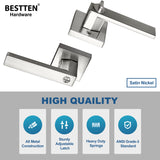 [10 Pack] BESTTEN Satin Nickel Square Keyless Privacy Door Handle with Removable Latch Plate, Zinc Alloy (Not Aluminum Alloy) Monaco Contemporary Heavy Duty Bedroom Bathroom Door Lever, for Commercial and Residential Use
