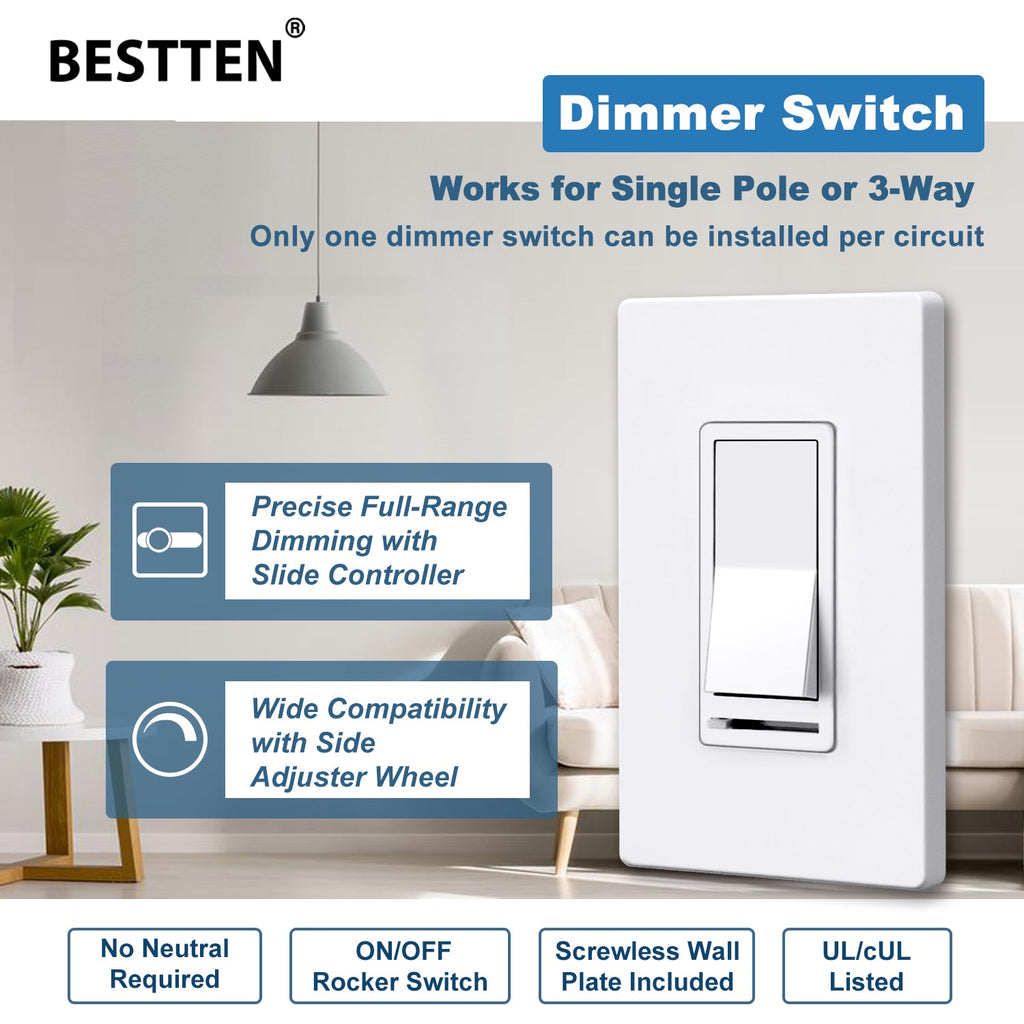 [30 Pack] BESTTEN 3 Way or Single Pole Dimmer Switch, Dimmable Light Switch for Incandescent or Halogen Bulbs, CFL and LED Lamps, cUL Listed Visit the BESTTEN Store