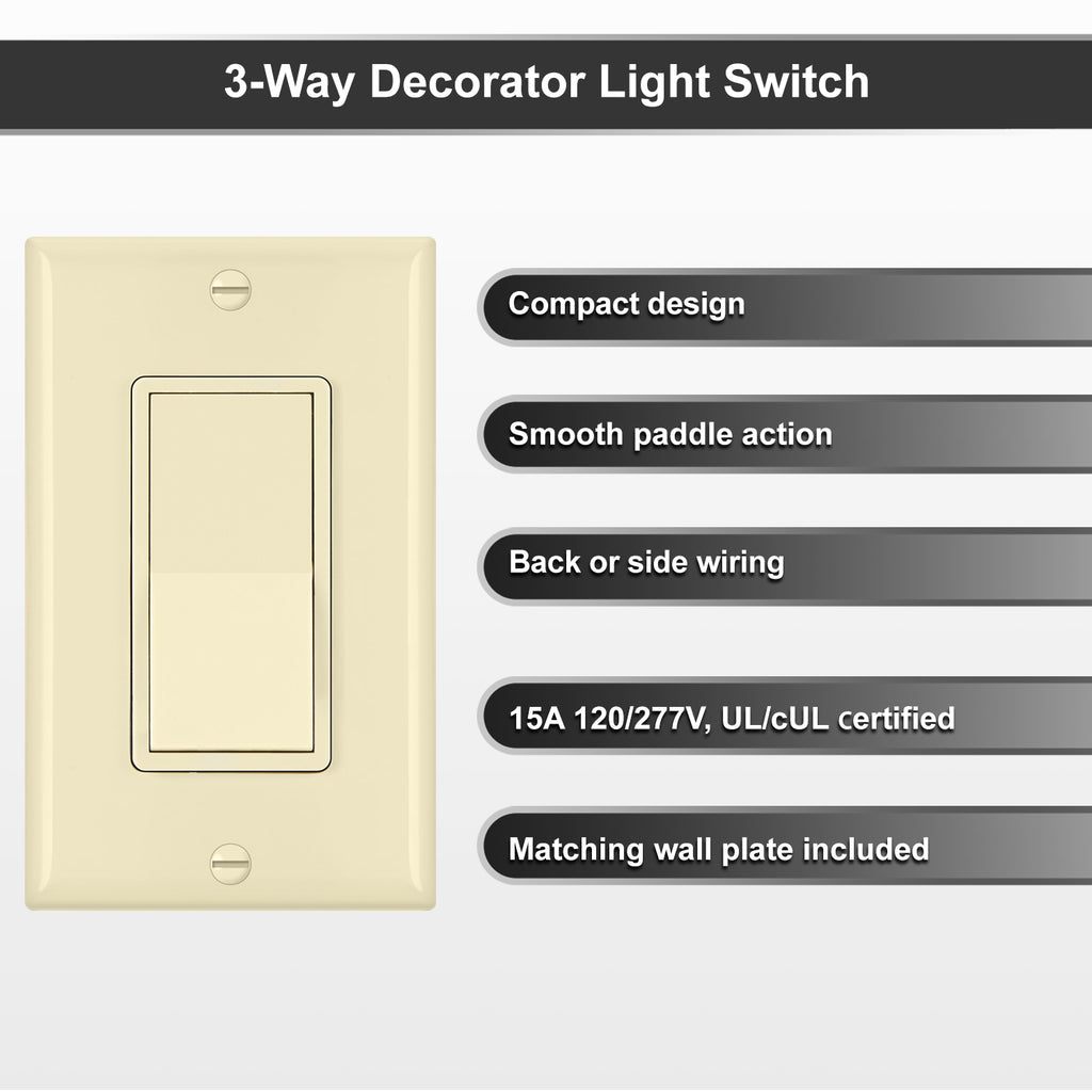 [4 Pack] BESTTEN Ivory 3-Way Decorator Wall Light Switch, 15A 120/277V, Decor Wallplate Included, On/Off Rocker Paddle Interrupter, UL/cUL Listed