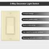 [4 Pack] BESTTEN Ivory 3-Way Decorator Wall Light Switch, 15A 120/277V, Decor Wallplate Included, On/Off Rocker Paddle Interrupter, UL/cUL Listed