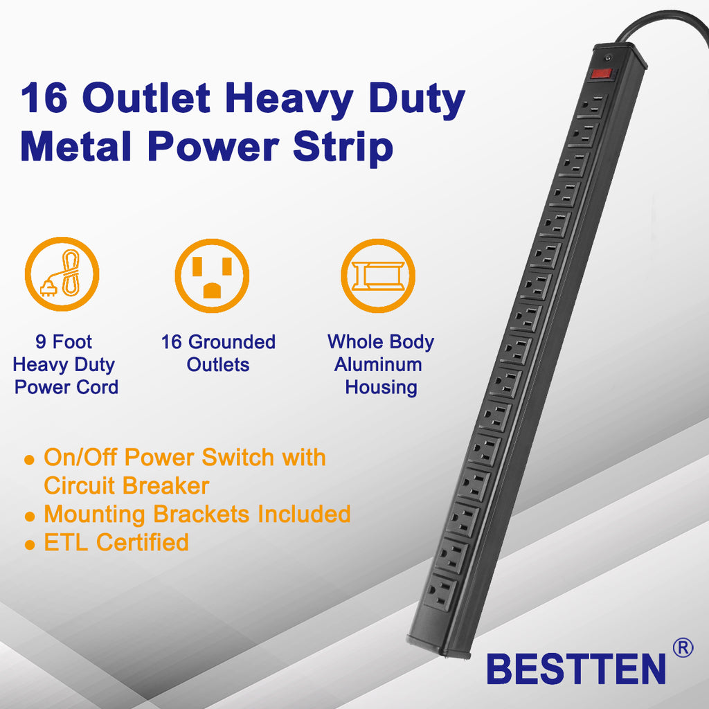 BESTTEN 9ft Cord 16-Outlet Heavy Duty Aluminum Alloy Metal Power Strip, Ultra Long Extension Cord, 15A Circuit Breaker, ETL/cETL Certified, Black