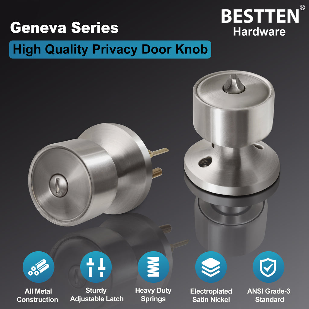 [3 Pack] BESTTEN Interior Privacy Door Knob with Removable Latch Plate, Geneva Series Keyless Door Lockset for Bathroom or Bedroom, All Metal, Satin Nickel