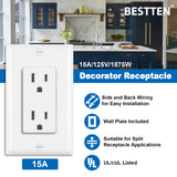 [10 Pack] BESTTEN 15 Amp Decor Receptacle Outlet for Residential and Commerical Use, 15A/125V/1875W, Standard Electrical Wall Outlet, Decorative Wallplates Included, cUL Listed, White