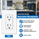 [30 Pack] BESTTEN 15 Amp Decorator Receptacle Outlet with Screwless Wallplate, Non-Tamper-Resistant Electrical Wall Outlet, 15A/125V/1875W, Residential and Commercial Use, cUL Listed, White