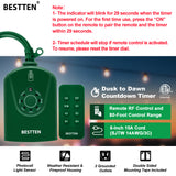 BESTTEN Outdoor Digital Timer Outlet, Photocell Light Sensor, 2 Grounded Outlets with Remote Control, Setting for ON/Off/Dusk to Dawn/ON at Dusk & 2/4/6/8/10 Hours Countdown, cETL and FCC Certified, Green
