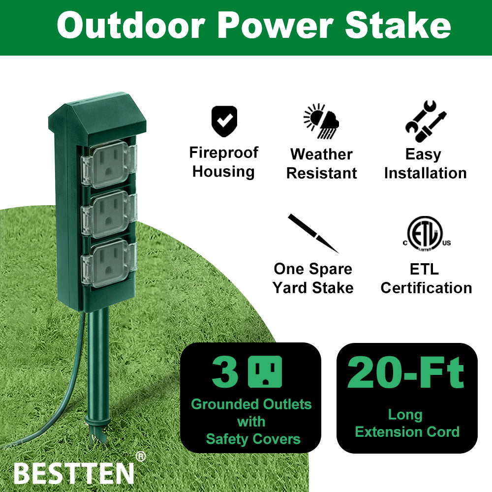 BESTTEN 20ft Cord 3-Outlet Outdoor Power Stake, Weatherproof Power Strip with Long Extension Cord and Individual Protective Outlet Covers, 13A/125V/1625W, cETL Certified, Green