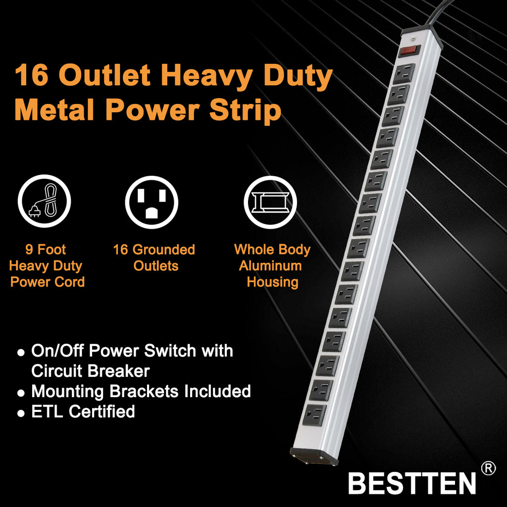 BESTTEN 9-Foot Cord 16-Outlet Heavy Duty Aluminum Alloy Metal Power Strip with Ultra Long Power Cord, 15A Circuit Breaker, ETL/cETL Certified, Silver