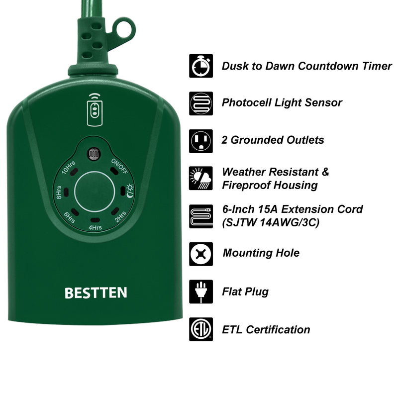 BESTTEN Remote Control Outdoor Outlet with Dusk to Dawn and Photocell Countdown Timer Functions, 3 Grounded Outlets, ETL Certified, Gre