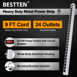 Bestten 24-Outlet Heavy Duty Metal Power Strip with 9-Foot Ultra Long Power Cord, cETL Certified, Silver