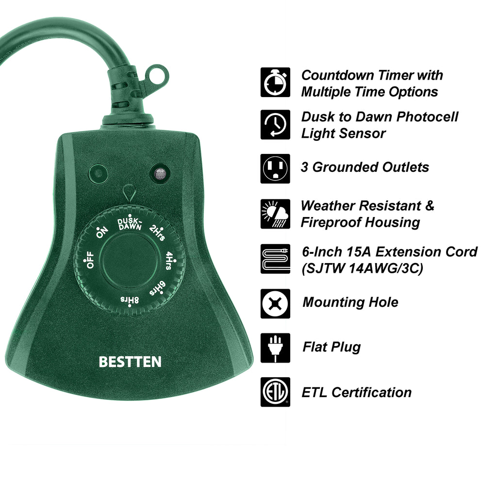 BESTTEN Weatherproof Outdoor Timer with Photocell Light Sensor and 3 Grounded Outlets, Dusk to Dawn and Countdown Timer, Plug in Switch for Holiday Decoration, Green, ETL Listed