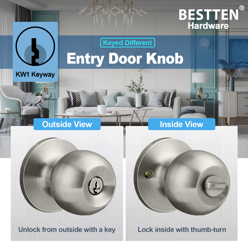 [3 Pack] BESTTEN Keyed Different Entry Door Knob Set with Lock, Exterior Door Knob with Key, Standard Ball, Satin Nickel