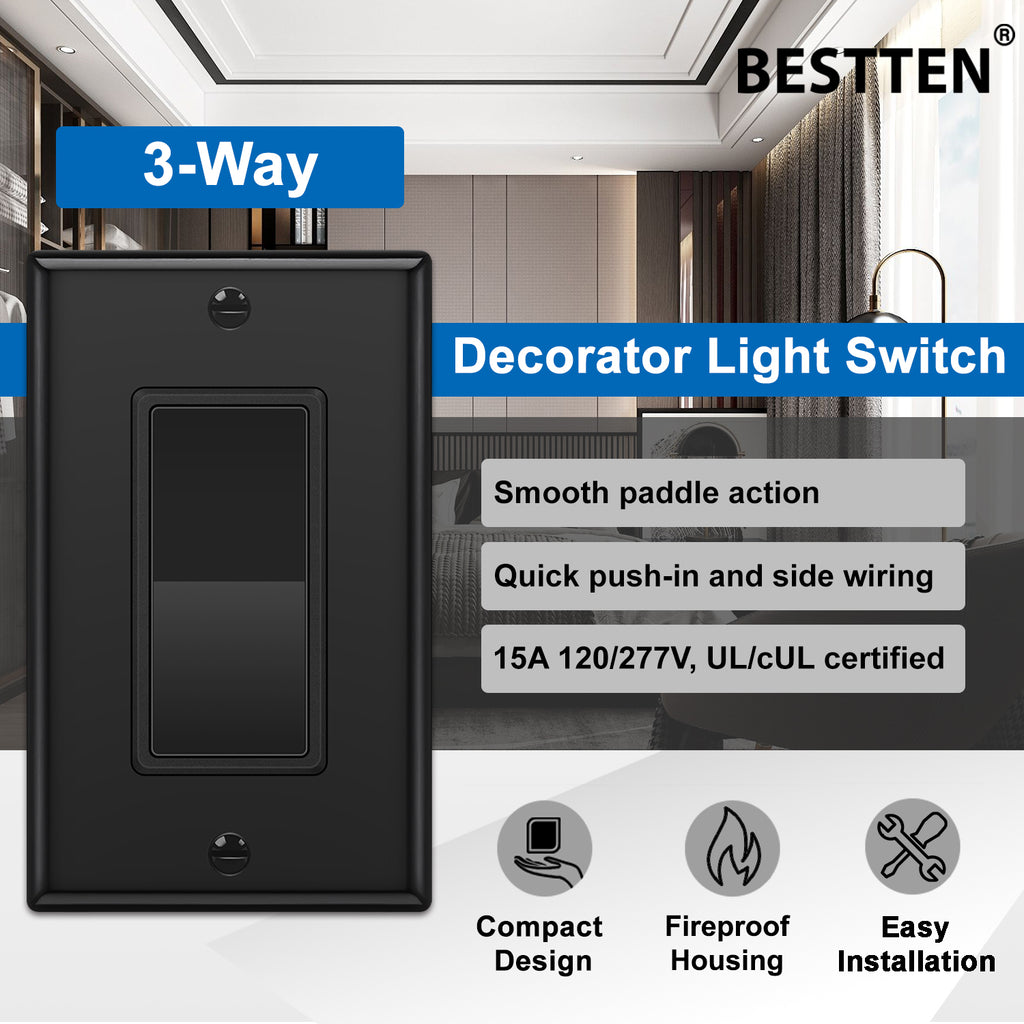 [4 Pack] BESTTEN 3-Way Decorator Wall Light Switch with Decor Wallplate, 15A 120/277V, On/Off Rocker Paddle Interrupter, UL/cUL Listed, Black