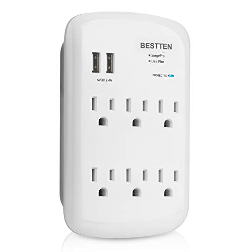 BESTTEN 1200-Joule Wall Surge Protector, 6-Outlet Extender with 2 USB Charging Ports (2.4A), 15A/125V/1875W, ETL/cETL Certified, White