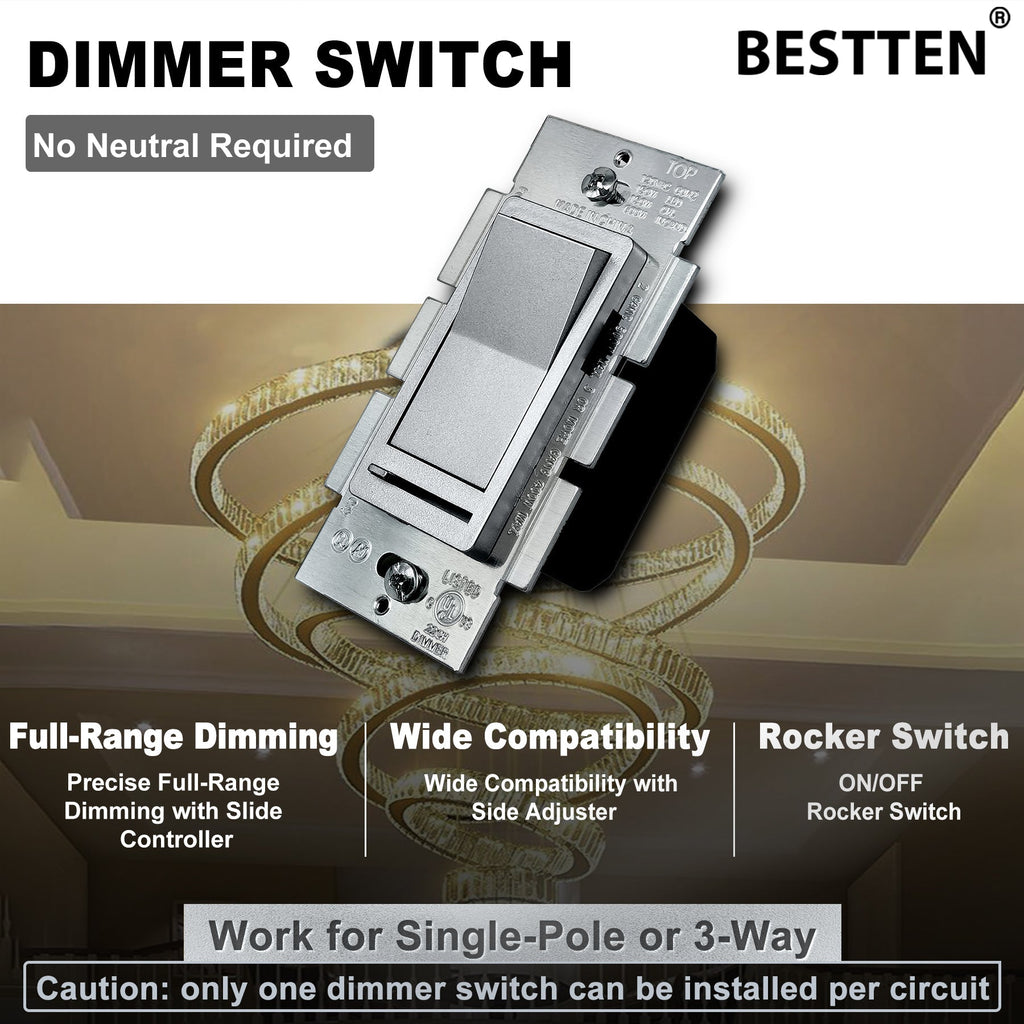 [10 Pack] BESTTEN Dimmer Wall Light Switch, Single Pole or 3-Way, Compatible with Dimmable LED, CFL, Incandescent and Halogen Bulb, 120VAC, Silver, UL/cUL Listed