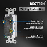 [10 Pack] BESTTEN 3-Way Sliver Decorator Wall Light Switch, 15A/120V, On/Off Rocker Interrupter, cETL Listed