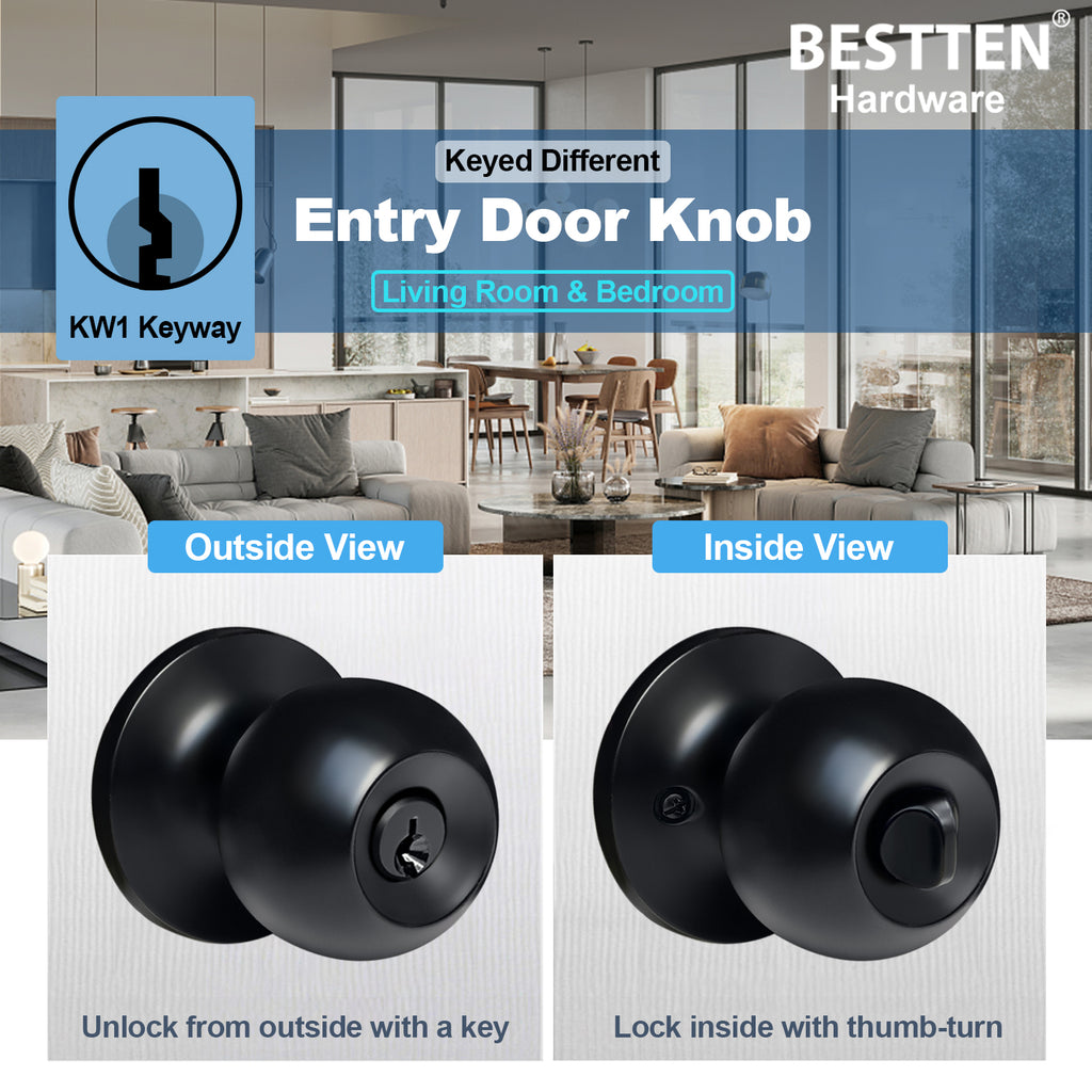 [2 Pack] BESTTEN Keyed Entry Door Knob, Entrance Door Lock, Keyed Different, Standard Ball, Matte Black