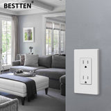[30 Pack] BESTTEN 15 Amp Decorator Receptacle Outlet with Screwless Wallplate, Non-Tamper-Resistant Electrical Wall Outlet, 15A/125V/1875W, Residential and Commercial Use, cUL Listed, White