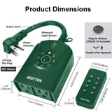 BESTTEN Outdoor Digital Timer Outlet, Photocell Light Sensor, 2 Grounded Outlets with Remote Control, Setting for ON/Off/Dusk to Dawn/ON at Dusk & 2/4/6/8/10 Hours Countdown, cETL and FCC Certified, Green