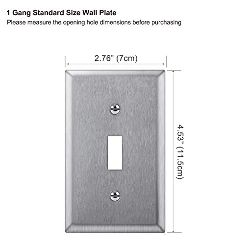 [5 Pack] BESTTEN 1-Gang Stainless Steel Toggle Wall Plate with White or Clear Protective Film, Brushed Finish, Anti-Corrosion Metal Light Switch Cover, Standard Size, Matching Screws Included, Silver