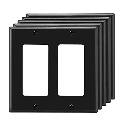 [5 Pack] BESTTEN Black 2-Gang Decorator Wall Plate, Standard Size, Unbreakable Polycarbonate Outlet and Switch Cover, UL Listed