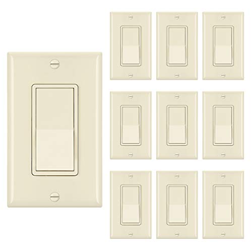 [10 Pack] BESTTEN Almond Wall Light Switch Interrupter (15A, 120/277V), Single Pole Rocker Switch, UL/cUL Listed, Almond