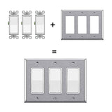 [2 Pack] BESTTEN 3-Gang Decorator Metal Wall Plate with White or Clear Protective Film, Anti-Corrosion Stainless Steel Outlet and Switch Cover, Standard Size, Brushed Finish, Silver