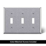 [2 Pack] BESTTEN 3-Gang Decorator Metal Wall Plate with White or Clear Protective Film, Anti-Corrosion Stainless Steel Outlet and Switch Cover, Standard Size, Brushed Finish, Silver