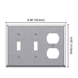 [2 Pack] BESTTEN 3-Gang Combination Metal Wall Plate with White or Clear Protective Film, 1-Duplex/2-Toggle, Standard Size, Anti-Corrosion Stainless Steel Outlet and Switch Cover, Brushed Finish, Silver