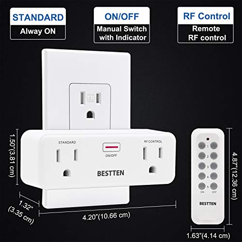 BESTTEN Wireless Remote Control Outlet Combo, 1 Standard and 1 RF Control, 15A/125V/1875W, Manual On/Off Switch with Indicator, White