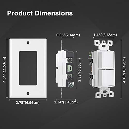 [2 Pack] BESTTEN Double On/Off Rocker Light Switch, Single Pole Combination Interrupter, 15A 120V, Dual Control Paddle Rockers, Wallplate Included, White