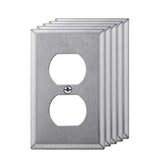 [5 Pack] BESTTEN 1-Gang Duplex Metal Wall Plate with White or Clear Protective Film, Anti-Corrosion Stainless Steel Outlet and Switch Cover, Brushed Finish, Standard Size, Silver