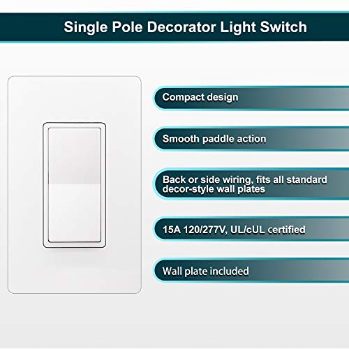 [10 Pack] BESTTEN Single Pole Decorator Wall Light Switch, 15A 120/277V, On/Off Rocker Paddle Interrupter, Screwless Wallplate Included, cUL Listed, White