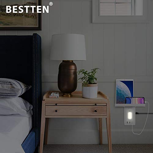 [2 Pack] BESTTEN Wall Outlet Shelf with 3 USB Charging Ports (5V/3.4A) and LED Night Light, Removable Top Shelf, 6 Side Plug-in AC Outlets, 1020 Joule Surge Protector
