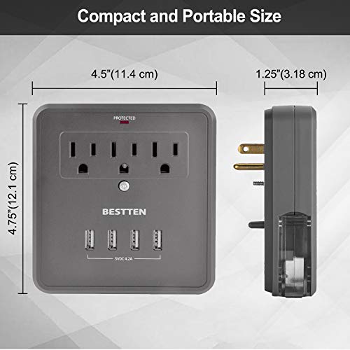BESTTEN Surge Protector, 4 USB Charging Ports (4.2A Totally) and 3 Outlets, Wall Mount, LED Indicator and 2 Slide-Out Phone Holders, ETL/cETL Certified, Grey