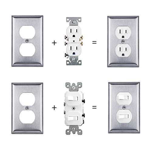 [5 Pack] BESTTEN 1-Gang Duplex Metal Wall Plate with White or Clear Protective Film, Anti-Corrosion Stainless Steel Outlet and Switch Cover, Brushed Finish, Standard Size, Silver