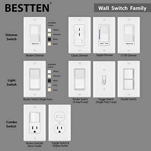[10 Pack] BESTTEN Single Pole Decorator Wall Light Switch, 15A 120/277V, On/Off Rocker Paddle Interrupter, Screwless Wallplate Included, cUL Listed, White