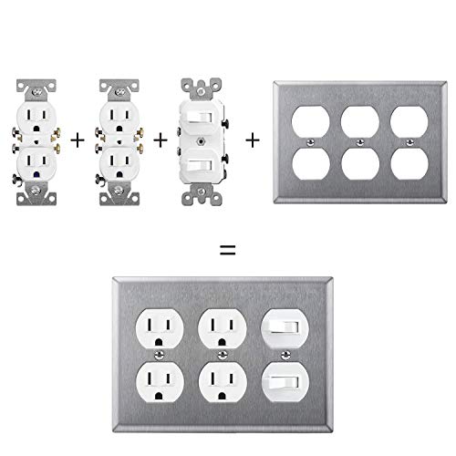 [2 Pack] BESTTEN 3-Gang Duplex Metal Wall Plate with White or Clear Protective Film, Stainless Steel Heavy Duty Outlet and Switch Cover, Industrial Grade Metal, Standard Size, Brushed Finish, Silver