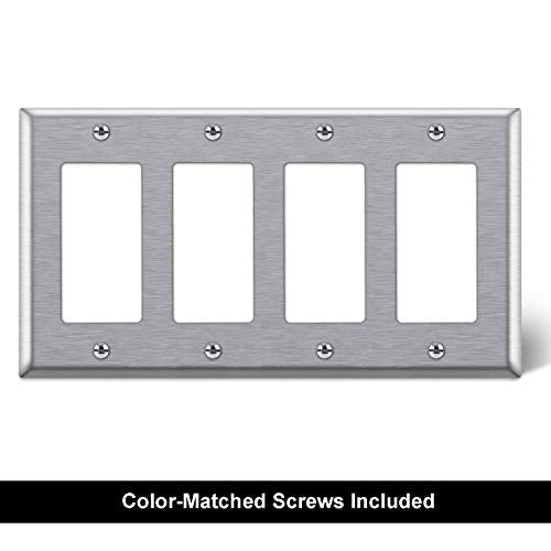 BESTTEN 4-Gang Decorator Metal Wall Plate with White or Clear Protective Film, Brushed Finish, Anti-Corrosion Stainless Steel Outlet and Switch Cover, Standard Size, Matching Screws Included, Silver