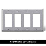 [2 Pack] BESTTEN 4-Gang Decorator Metal Wall Plate with White or Clear Protective Film, Anti-Corrosion Stainless Steel Outlet and Switch Cover, Brushed Finish, Standard Size, Matching Screws Included, Silver