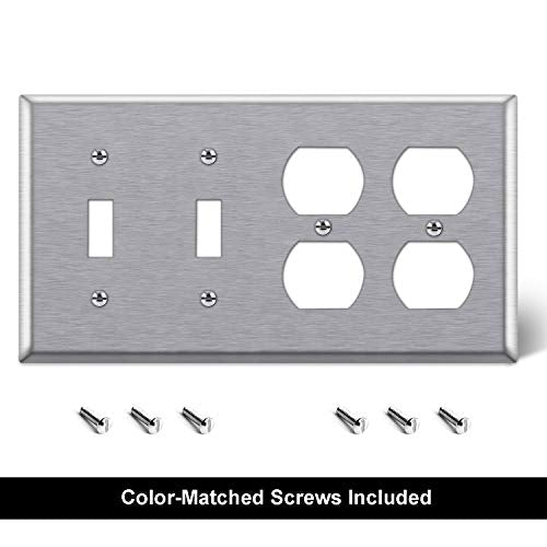 [2 Pack] BESTTEN 4-Gang Combination Metal Wall Plate with White or Clear Protective Film, 2-Duplex/2-Toggle, Anti-Corrosion Stainless Steel Outlet and Switch Cover, H 4.53" x W 8.23", Brushed Finish