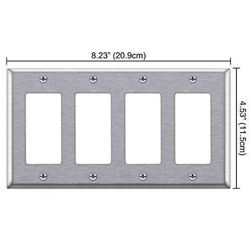 [2 Pack] BESTTEN 4-Gang Decorator Metal Wall Plate with White or Clear Protective Film, Anti-Corrosion Stainless Steel Outlet and Switch Cover, Brushed Finish, Standard Size, Matching Screws Included, Silver