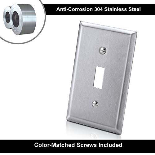 [5 Pack] BESTTEN 1-Gang Stainless Steel Toggle Wall Plate with White or Clear Protective Film, Brushed Finish, Anti-Corrosion Metal Light Switch Cover, Standard Size, Matching Screws Included, Silver
