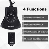 [2 Pack] BESTTEN Remote Control Outdoor Outlet with Dusk to Dawn and Photocell Countdown Timer Functions, 3 Grounded Outlets, cETL Certified, Black