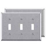 [2 Pack] BESTTEN 3-Gang Stainless Steel Toggle Wall Plate with White or Clear Protective Film, Brushed Finish, Anti-Corrosion Metal Light Switch Cover, Standard Size, Matching Screws Included, Silver