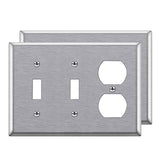 [2 Pack] BESTTEN 3-Gang Combination Metal Wall Plate with White or Clear Protective Film, 1-Duplex/2-Toggle, Standard Size, Anti-Corrosion Stainless Steel Outlet and Switch Cover, Brushed Finish, Silver
